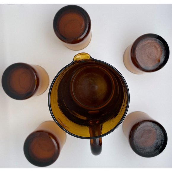 Hand Blown Pitcher With 5 Glasses Cocktails Mid Century Amber Brown Ombre - Picture 9 of 10